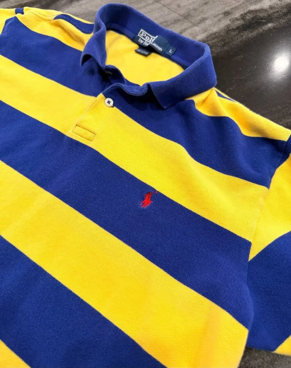 Ralph Lauren Polo Shirt Large Blue Yellow Rugby Stripe Red Pony Cotton Vintage